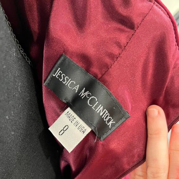 Vintage Jessica McClintock Deep Red Floral Embroidered Jacquard Strapless Gown - Picture 3 of 8